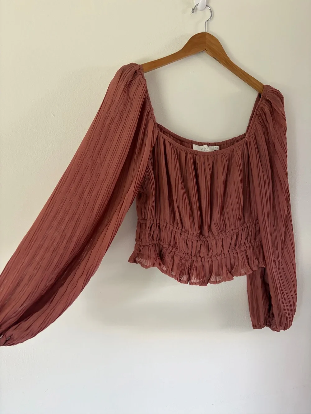 ASTR The Label Pink Pleated Smocked Balloon Sleeve Crop Peasant Top Size Medium